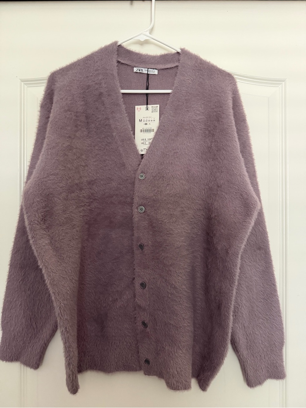 Zara Men Fuzzy Mauve Button-Up V-Neck Cardigan size M NWT